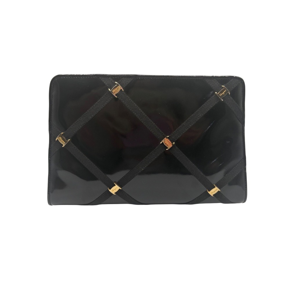 Salvatore Ferragamo Clutch Womens Medium Black Excellent Patent Vara Chain Bag